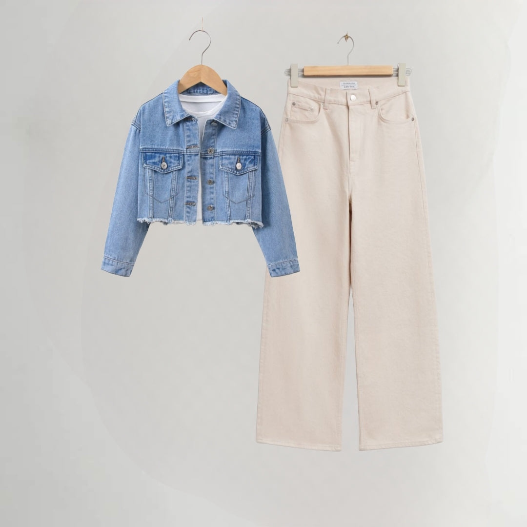 White denim jacket and beige wide leg jeans