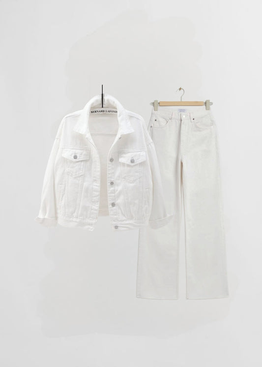 White denim jacket and white wide leg jeans