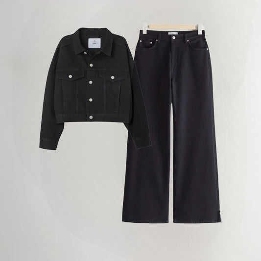 Black denim jacket and black wide leg jeans