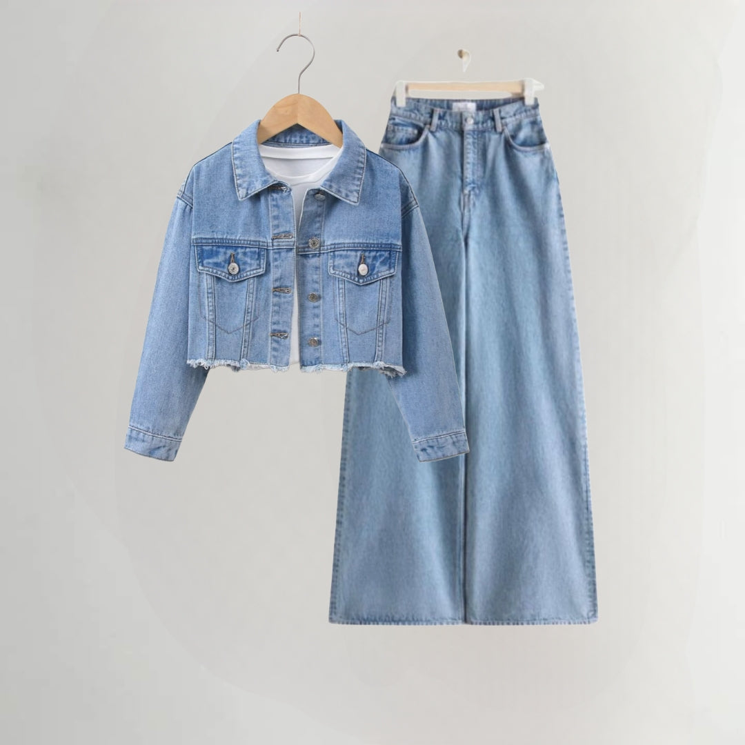 Sky Blue denim jacket and sky blue wide leg jeans
