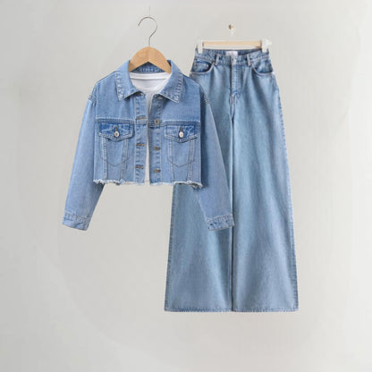 Sky Blue denim jacket and sky blue wide leg jeans