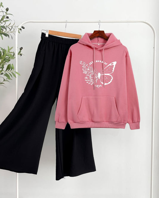 Pink hoodie set yourself butterfly and black flapper